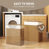 HOMCOM Double Laundry Basket with Lid, 100L Bamboo Laundry Hamper with Rope Handles, Washing Basket with Removable Liner for Bathroom, Bedroom, Brown(m-6)