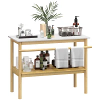 HOMCOM Badezimmerregal Aufbewahrung, Badezimmermöbel aus Bambus mit 2 Ebenen und Handtuchstange offenes Regal(m-6)