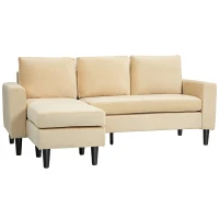 HOMCOM Modulares Ecksofa mit Hocker und 3 Kissen, Holzfüße, Samtstoff Beige(m-1)