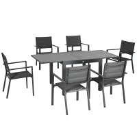 Outsunny Gartenmöbel-Set aus Aluminium und Textilene, ausziehbarer Tisch 90 bis 180 cm, 6 stapelbare Stühle, 4/6 Personen, dunkelgrau(m-6)