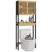 HOMCOM Toilettenregal Badezimmer über Toilette WC mit Schrank 2 Türen und offenem Regal Bambus(m-6)