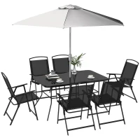 Outsunny Gartenmöbel-Set 8-teilig mit großem Sonnenschirm, Tisch und klappbaren Stühlen aus epoxybeschichtetem Stahl, Textilene, Polyester Schwarz(m-6)