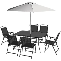 Outsunny Gartenmöbel-Set 8-teilig mit großem Sonnenschirm, Tisch und klappbaren Stühlen aus epoxybeschichtetem Stahl, Textilene, Polyester Schwarz(m-1)