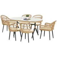 Outsunny Salon de Jardin 6 Personen Rattan PE Esszimmer-Set - 1 rechteckiger Tisch und 6 Stühle mit Kissen