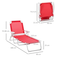 Outsunny Klappbare Sonnenliege - verstellbare Liege mit 4 Positionen - Chaise Longue Grand Confort mit Armlehnen - Epoxidharz-Metall Textilene - Abmessungen 186L x 66B x 80H cm - Rot(m-3)
