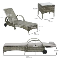 Outsunny Set mit 2 hochkomfortablen Sonnenliegen: Matratze, Kopfstütze, verstellbare Multi-Positionen, Armlehnen, Rollen + Couchtisch aus gehärtetem Glas Rattanharzgeflecht grau(m-3)