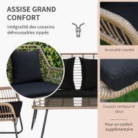 Outsunny Ensemble salon de jardin en résine tressée 2 fauteuils 1 canapé 2 places 1 table en verre trempé coussins assise dossier déhoussables(m-5)