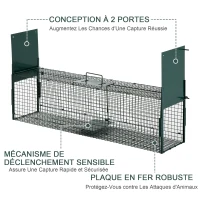 PawHut Piège Vivant Cage Attrape 100 x 25 x 28 cm Piège Fouine pour Martres, Rats, Souris - 2 entrées + poignée - métal vert(m-4)