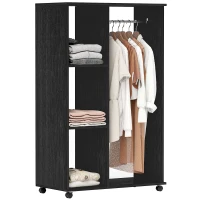 HOMCOM Roupeiro de Madeira Móvel Armário Roupeiro Aberto com Barra para Pendurar e 3 Prateleiras Organizadoras 80x40x128 cm Preto(m-1)