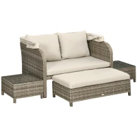 Outsunny Gartensofa-Set 4-teilig 2-Sitzer + 1 Fußhocker + 2 Couchtische mit Kissen Beige Braun(m-1)