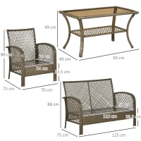 Outsunny Gartensofa 4-teilig Kolonialstil Glastisch Rattanimitat in Hellbraun mit inkl. Kissen(m-3)