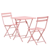 Outsunny Klappbares Bistro-Gartenmöbel-Set - quadratischer Tisch 60L x 60B x 71H cm mit 2 Stühlen - Pulverbeschichtetes Metall in Rosa(m-1)