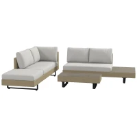 Outsunny Ecksofa-Set für 5 Personen modernes Design, abnehmbare Kissen, Couchtisch aus Epoxy-beschichtetem Stahl, beige Rattanimitat Geflecht(m-1)