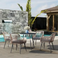 Outsunny 4 Seater Rattan Dining Set, Rattan Garden Furniture Set with Parasol Hole, Outdoor Dining Table and Chairs Set with Cushions, Round Glass Top Table for Patio, Balcony, Light Brown(m-10)