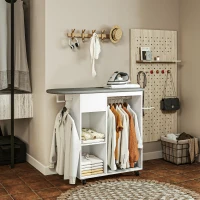 HOMCOM Bügelbrett aus Holz mit Rollen, Kleiderstange und verstellbarem Regal 125 x 43,5 x 112 cm weiß(m-4)
