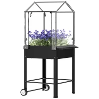 Outsunny Hochbeet mit Kunststoffabdeckung, erhöhte Gartenjardiniere mit Rädern und Ablaufloch, 67 x 69 x 147 cm, schwarz(m-1)