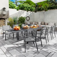 Outsunny Gartenmöbel-Set ausziehbarer Tisch 135-270 cm aus Aluminium und Textilene 6-10 Personen 8 stapelbare Stühle Grau(m-2)