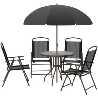 Outsunny Gartenmöbel-Set, 6-teilig - Runder Tisch + 4 klappbare Stühle + Sonnenschirm - Epoxidbeschichteter Stahl Kaffee Textilene Polyester Schwarz(m-1)