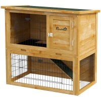 PawHut Kaninchenstall aus Holz 2 Etagen mit 3 Türen ausziehbarem Plateau Rampe Bitumendach 85 x 50 x 80 cm gelb(m-1)