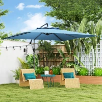 Outsunny Versetzter quadratischer 3 x 3 m Sonnenschirm mit Kurbel, Kreuzständer, neigbar und 360-Grad-Drehung, Polyester 180 g/m² Blau(m-2)