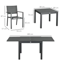 Outsunny Gartenmöbel-Set aus Aluminium und Textilene, ausziehbarer Tisch 90 bis 180 cm, 6 stapelbare Stühle, 4/6 Personen, dunkelgrau(m-3)