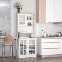 HOMCOM Küchenbuffet, Küchenschrank-Vitrine mit vielen Stauräumen, 3 Glasfronten mit Regal, 2 Fächer, große Arbeitsplatte, MDF weiß Eiche(m-2)