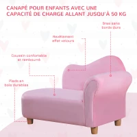 HOMCOM Fauteuil canapé méridienne pour enfant effet velours - 80 x 40 x 49 cm rose(m-6)