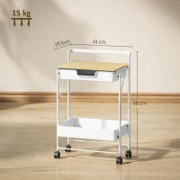 HOMCOM Carrinho Auxiliar com Rodas de 2 Níveis Carrinho de Cozinha com 1 Gaveta e 1 Cesto Carrinho Organizador 45x29,5x68 cm Branco(m-3)