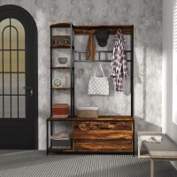 HOMCOM Móvel Cabide de Entrada com Sapateira Móvel de Entrada com Banco Prateleiras e Ganchos  120x35x180 cm Marrom Escuro(m-9)