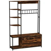 HOMCOM Móvel Cabide de Entrada com Sapateira Móvel de Entrada com Banco Prateleiras e Ganchos  120x35x180 cm Marrom Escuro(m-1)