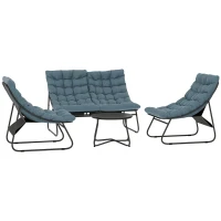 Outsunny Ensemble de meubles de jardin 4 places, 2 chaises, 1 canapé double, 1 table avec une surface en verre, coussins épais, cadre en acier, pour terrasse, Gris(m-6)