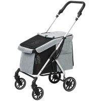 PawHut Carrinho para Cães Dobrável com Correia de Segurança Almofada Lavável e Janelas 80x48,5x106 cm Cinzento Claro(m-10)