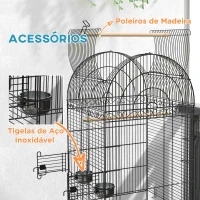 PawHut Gaiola para Pássaros com Rodas Bandeja Amovível Prateleira 2 Comedouros de Aço Inoxidável e Poleiro 51x51x153 cm Preto(m-7)