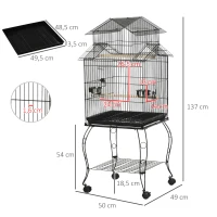 PawHut Gaiola para Pássaros com Rodas Bandeja Amovível Portas Comedouro Poleiro e Prateleira Inferior 50x49x137 cm Preto(m-3)