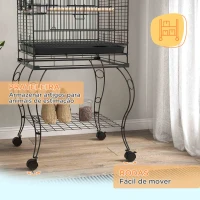 PawHut Gaiola para Pássaros com Rodas Bandeja Amovível Prateleira 2 Comedouros de Aço Inoxidável e Poleiro 51x51x153 cm Preto(m-6)