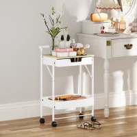 HOMCOM Carrinho Auxiliar com Rodas de 2 Níveis Carrinho de Cozinha com 1 Gaveta e 1 Cesto Carrinho Organizador 45x29,5x68 cm Branco(m-8)