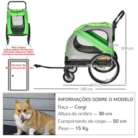 PawHut Reboque de Bicicleta para Cães 2 em 1 Transporte para Animais de Estimação com Porta Enrolável Janelas Cinto de Segurança Bandeira e 6 Refletores 140x72,5x108 cm  Verde(m-3)