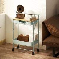 HOMCOM Carrinho Auxiliar com Rodas de 2 Níveis Carrinho de Cozinha com 1 Gaveta e 1 Cesto Carrinho Organizador 45x29,5x68 cm Verde Claro(m-7)