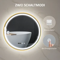 HOMCOM Runder Badezimmerspiegel mit LED-Lichtern, Badspiegel mit Anti-Beschlag-Funktion, Touch-Bedienung, Display(m-8)