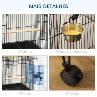 PawHut Gaiola para Pássaros com Rodas Bandeja Amovível Portas Comedouro Poleiro e Prateleira Inferior 50x49x137 cm Preto(m-7)