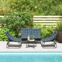 Outsunny Ensemble de meubles de jardin 4 places, 2 chaises, 1 canapé double, 1 table avec une surface en verre, coussins épais, cadre en acier, pour terrasse, Gris(m-5)