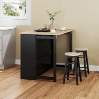 HOMCOM Ensemble de bar 3 pièces, Table de bar avec plateau pliable, 2 tabourets de bar, 6 compartiments de rangement, noir+chêne, 116 x 70 x 89,5 cm(m-2)