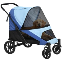 PawHut Carrinho para Cães Dobrável com Rodas Grandes Correias de Segurança Estrutura Amortecedora Almofada Lavável 124x67x100 cm Azul(m-10)
