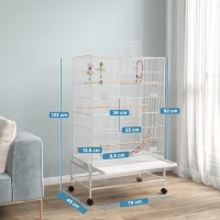 PawHut Gaiola para Pássaros com Rodas com 4 Comedouros 3 Poleiros Brinquedos Bandeja Amovível e Prateleira 79x49x133 cm Branco(m-3)