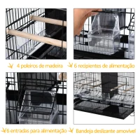 PawHut Gaiola para Pássaros com Divisória Ganchos Superiores Portas Comedouros Poleiros e Bandeja Amovível 59,5x26,5x39,5 cm Preto(m-4)