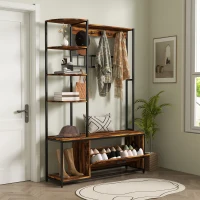 HOMCOM Móvel Cabide de Entrada com Sapateira Móvel de Entrada com Banco Prateleiras e Ganchos  120x35x180 cm Marrom Escuro(m-2)