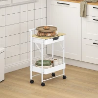 HOMCOM Carrinho Auxiliar com Rodas de 2 Níveis Carrinho de Cozinha com 1 Gaveta e 1 Cesto Carrinho Organizador 45x29,5x68 cm Branco(m-9)