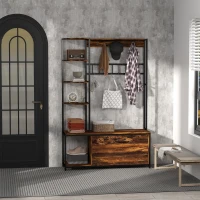 HOMCOM Móvel Cabide de Entrada com Sapateira Móvel de Entrada com Banco Prateleiras e Ganchos  120x35x180 cm Marrom Escuro(m-5)