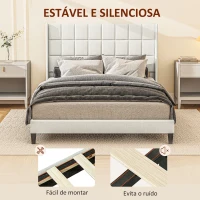 HOMCOM Cama 135x190 cm Estrutura de Cama com Cabeceira Estofada em Linho e Espaço de Armazenamento Debaixo da Cama Bege(m-5)