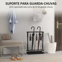HOMCOM Suporte para Guarda-Chuva Moderno Retangular com 24 Ganchos 21 Espaços e Bandeja Recolhedora de Gotas 50x24x68 cm Preto(m-4)